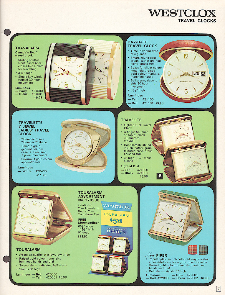 Westclox Canada 1970 - 71 Catalog > 7. 1970 - 1971 Westclox Canada Clock and Watch Catalog; Westlox Division; General Time of Canada Limited; page 7
