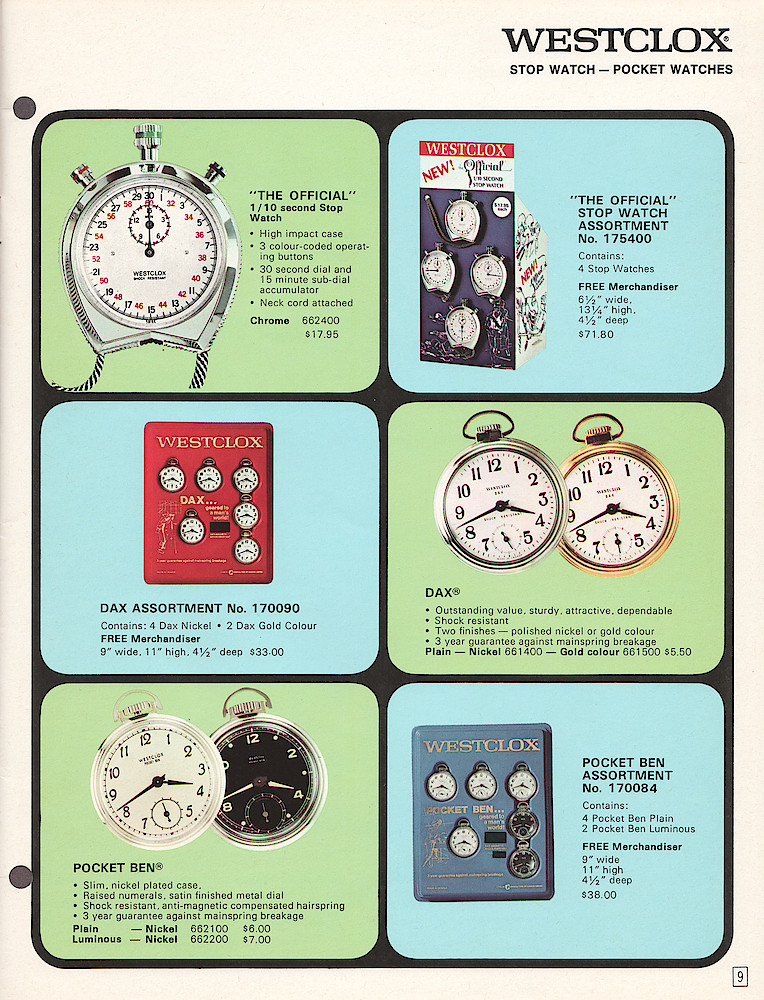 Westclox Canada 1970 - 71 Catalog > 9. 1970 - 1971 Westclox Canada Clock and Watch Catalog; Westlox Division; General Time of Canada Limited; page 9