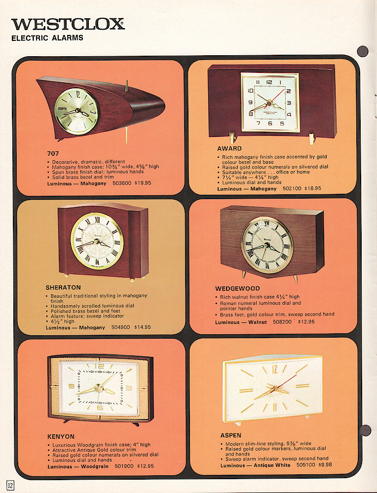 Westclox Canada 1970 - 71 Catalog > 12. 1970 - 1971 Westclox Canada Clock and Watch Catalog; Westlox Division; General Time of Canada Limited; page 12