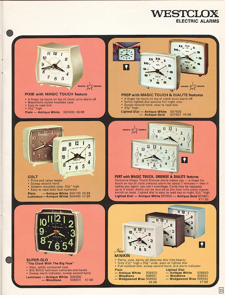Westclox Canada 1970 - 71 Catalog > 13. 1970 - 1971 Westclox Canada Clock and Watch Catalog; Westlox Division; General Time of Canada Limited; page 13