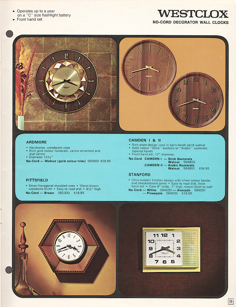 Westclox Canada 1970 - 71 Catalog > 19. 1970 - 1971 Westclox Canada Clock and Watch Catalog; Westlox Division; General Time of Canada Limited; page 19
