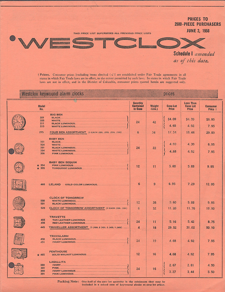 Westclox 2500-Piece Price List June 2, 1958. > 1. Westclox 2500-Piece Price List June 2, 1958, page 1