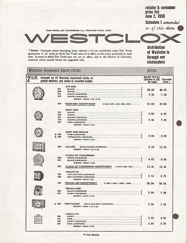 Westclox Price List June 2, 1958. Keywind alarm clocks, pocket watches, wrist watches, specialty items. > 1. Westclox Price List June 2, 1958. Keywind alarm clocks, pocket watches, wrist watches, specialty items. page 1