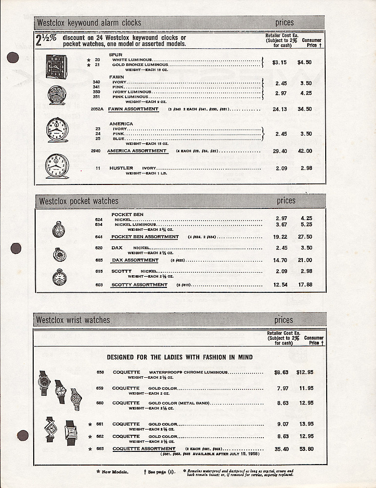 Westclox Price List June 2, 1958. Keywind alarm clocks, pocket watches, wrist watches, specialty items. > 2. Westclox Price List June 2, 1958. Keywind alarm clocks, pocket watches, wrist watches, specialty items. page 2