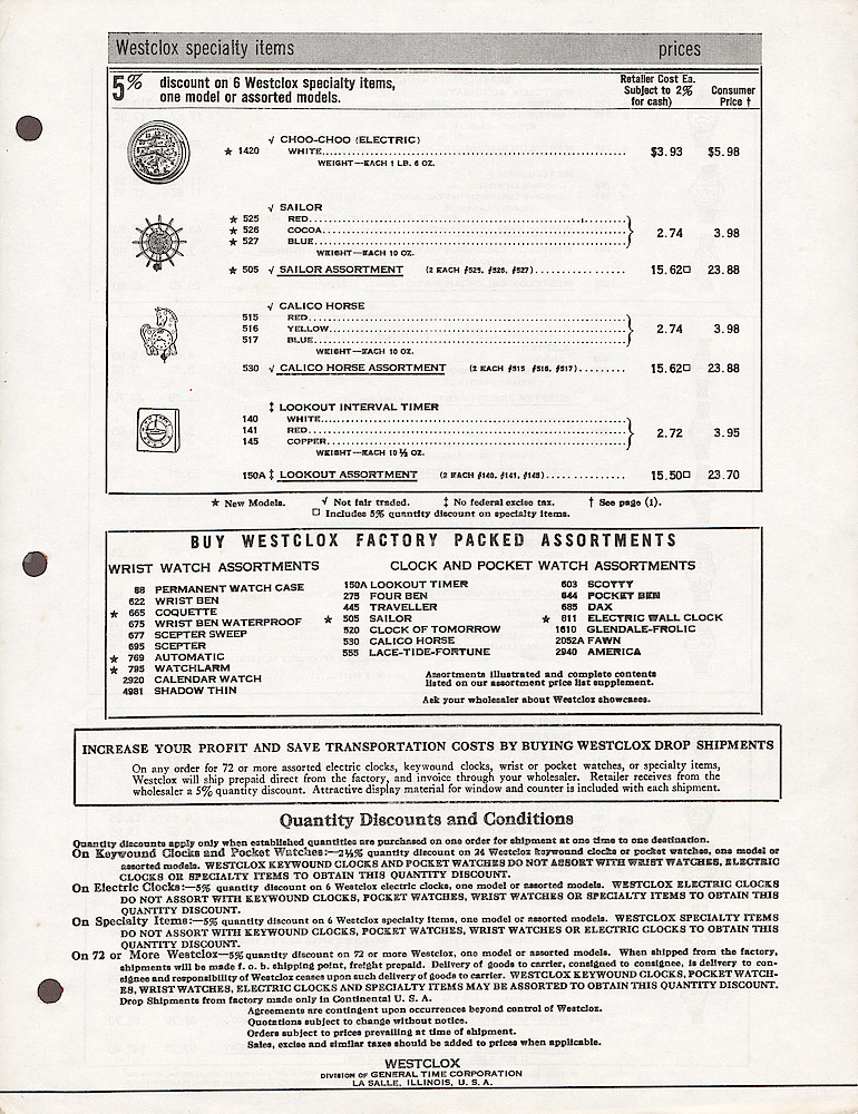 Westclox Price List June 2, 1958. Keywind alarm clocks, pocket watches, wrist watches, specialty items. > 3. Westclox Price List June 2, 1958. Keywind alarm clocks, pocket watches, wrist watches, specialty items. page 3