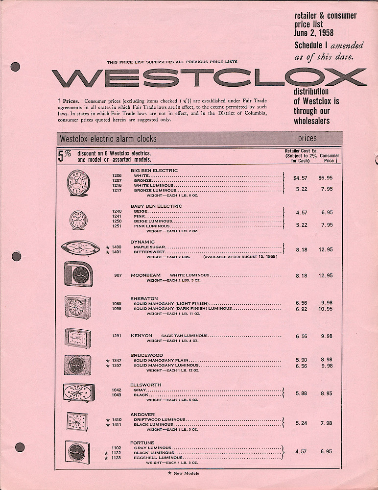 Westclox Price List June 2, 1958. Electric alarm, electric wall, commercial electric wall clocks, specialty clocks, electric clock assortments, specialty assortments. > 1. Westclox Price List June 2, 1958. Electric alarm, electric wall, commercial electric wall clocks, specialty clocks, electric clock assortments, specialty assortments, page 1