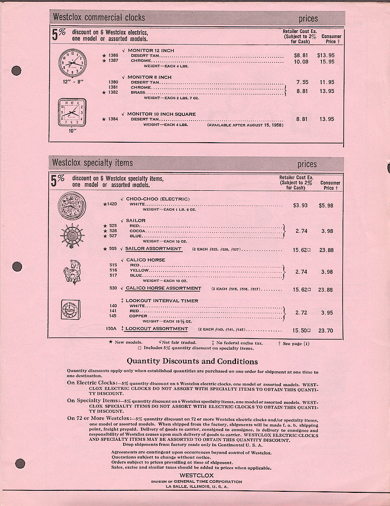 Westclox Price List June 2, 1958. Electric alarm, electric wall, commercial electric wall clocks, specialty clocks, electric clock assortments, specialty assortments. > 3. Westclox Price List June 2, 1958. Electric alarm, electric wall, commercial electric wall clocks, specialty clocks, electric clock assortments, specialty assortments, page 3