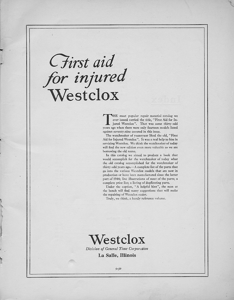 1950, First Aid for Injured Westclox; Westclox, Division of General Time Corporation, LaSalle, Illinois, USA > 1. 1950, First Aid for Injured Westclox; Westclox, Division of General Time Corporation, LaSalle, Illinois, USA; page 1