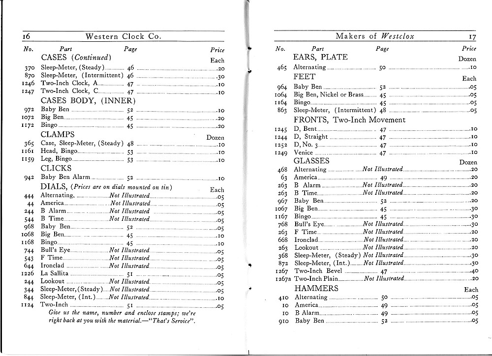 1916 Material Catalog, Western Clock Co., (ca. 1916) > 16 - 17. 1916 Material Catalog, Western Clock Co., (ca. 1916); pages 16 - 17