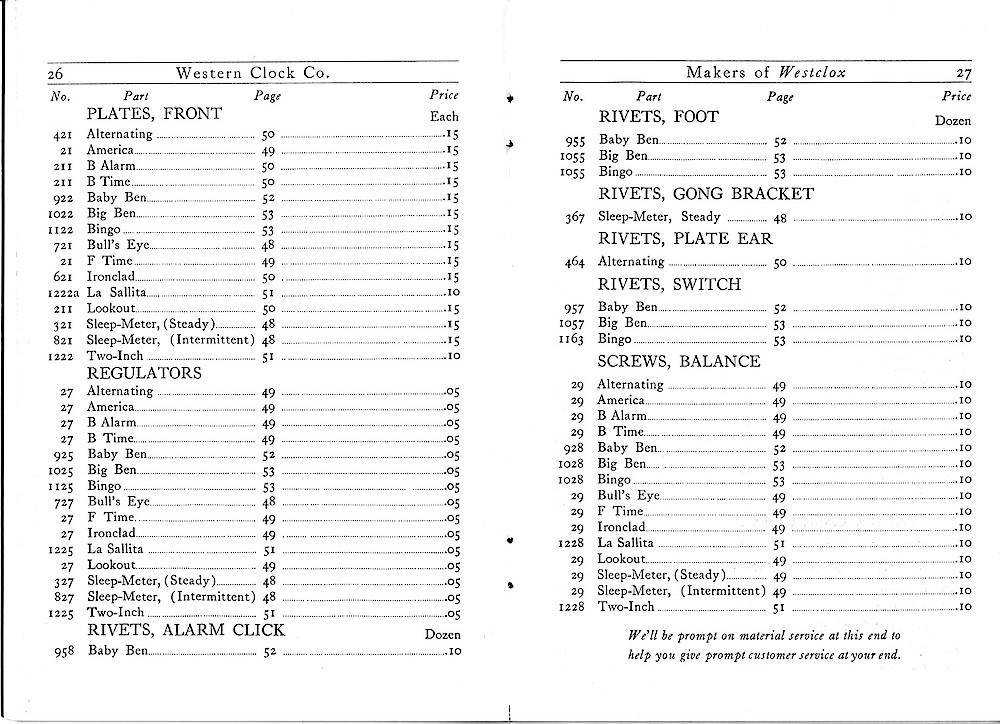 1916 Material Catalog, Western Clock Co., (ca. 1916) > 26 - 27. 1916 Material Catalog, Western Clock Co., (ca. 1916); pages 26 - 27