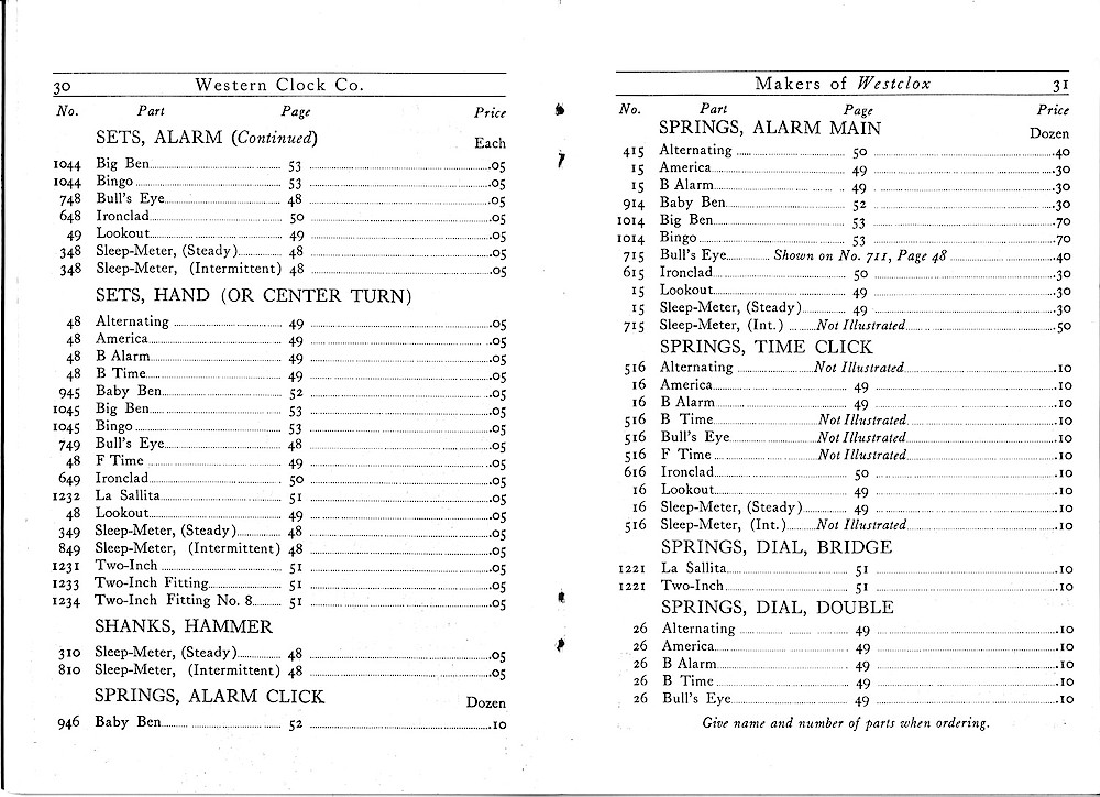 1916 Material Catalog, Western Clock Co., (ca. 1916) > 30 - 31. 1916 Material Catalog, Western Clock Co., (ca. 1916); pages 30 - 31