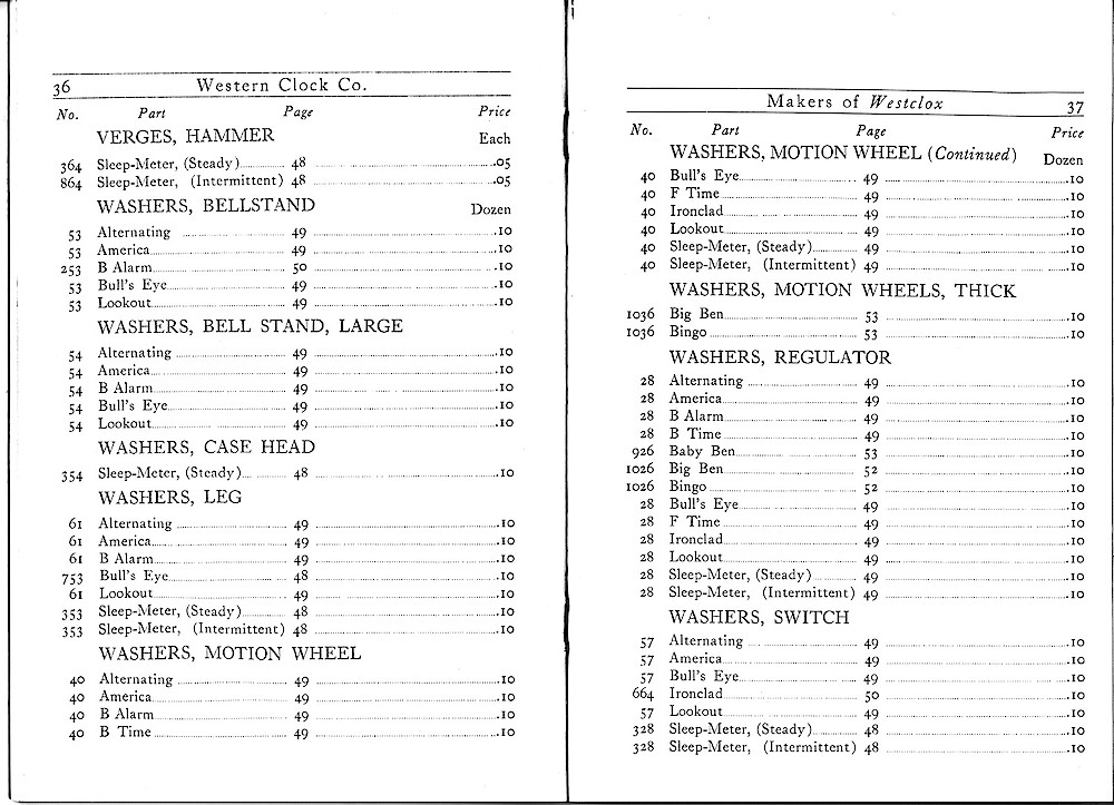 1916 Material Catalog, Western Clock Co., (ca. 1916) > 36 - 37. 1916 Material Catalog, Western Clock Co., (ca. 1916); pages 36 - 37