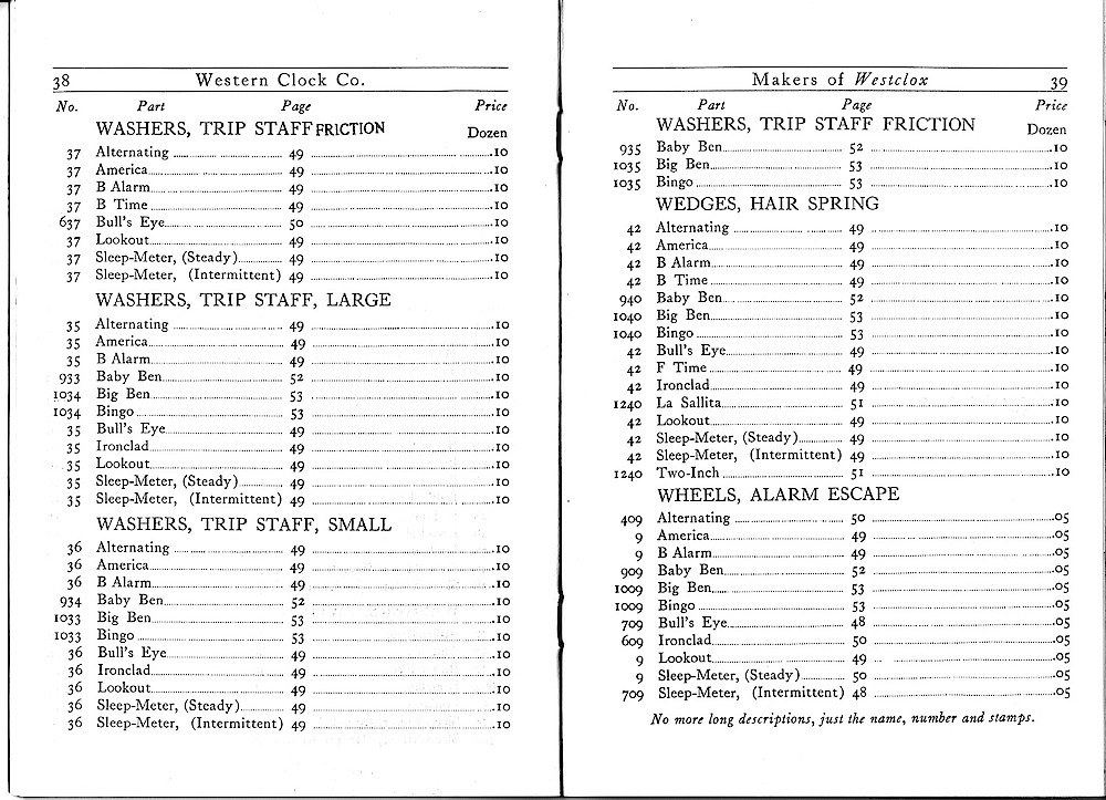 1916 Material Catalog, Western Clock Co., (ca. 1916) > 38 - 39. 1916 Material Catalog, Western Clock Co., (ca. 1916); pages 38 - 39