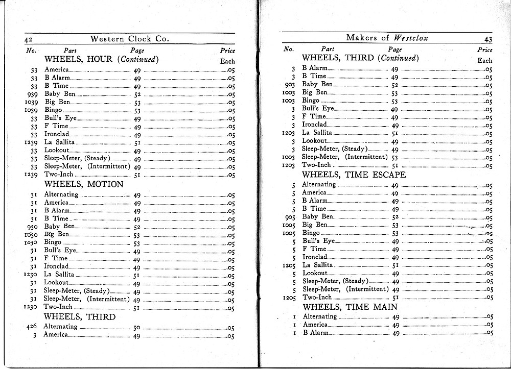 1916 Material Catalog, Western Clock Co., (ca. 1916) > 42 - 43. 1916 Material Catalog, Western Clock Co., (ca. 1916); pages 42 - 43