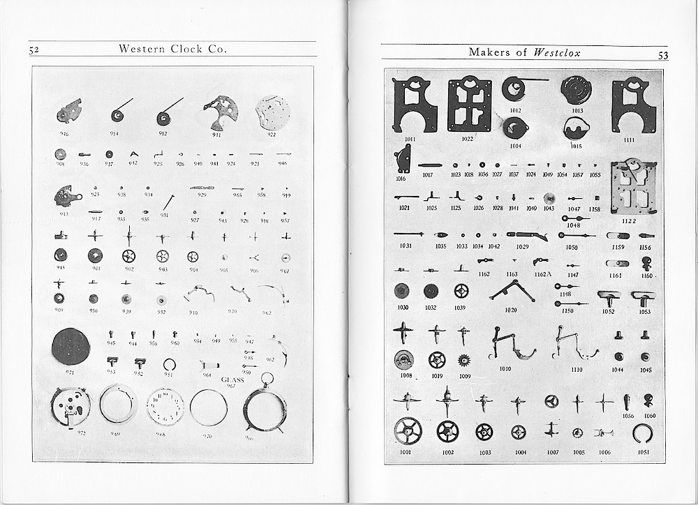 1916 Material Catalog, Western Clock Co., (ca. 1916) > 52 - 53. 1916 Material Catalog, Western Clock Co., (ca. 1916); pages 52 - 53