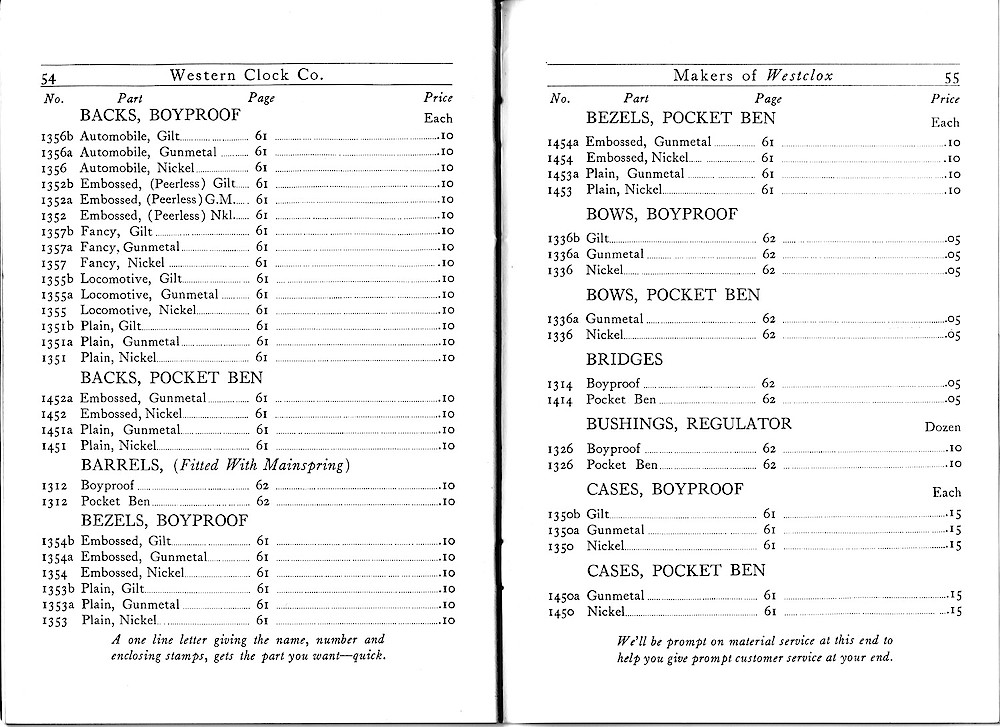 1916 Material Catalog, Western Clock Co., (ca. 1916) > 54 - 55. 1916 Material Catalog, Western Clock Co., (ca. 1916); pages 54 - 55