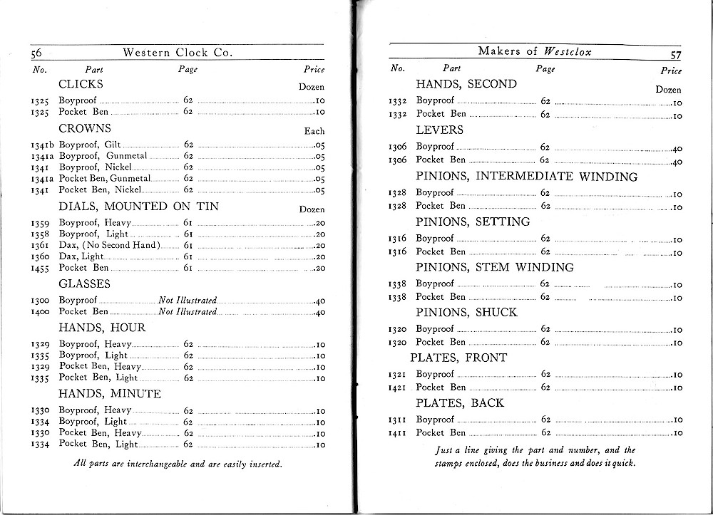 1916 Material Catalog, Western Clock Co., (ca. 1916) > 56 - 57. 1916 Material Catalog, Western Clock Co., (ca. 1916); pages 56 - 57