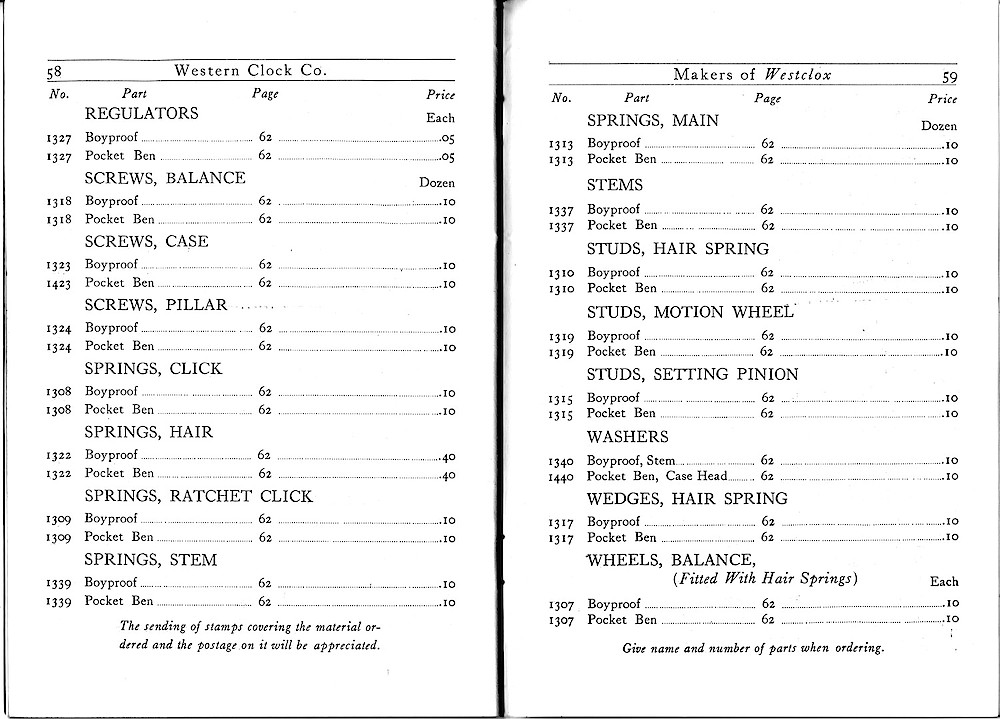 1916 Material Catalog, Western Clock Co., (ca. 1916) > 58 - 59. 1916 Material Catalog, Western Clock Co., (ca. 1916); pages 58 - 59