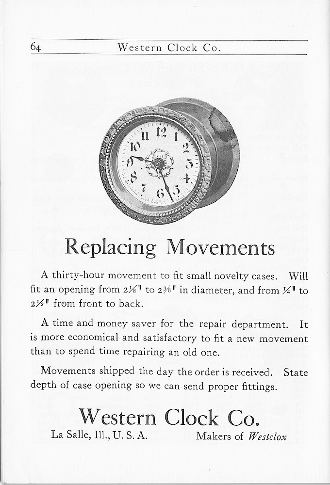 1916 Material Catalog, Western Clock Co., (ca. 1916) > 64. 1916 Material Catalog, Western Clock Co., (ca. 1916); page 64