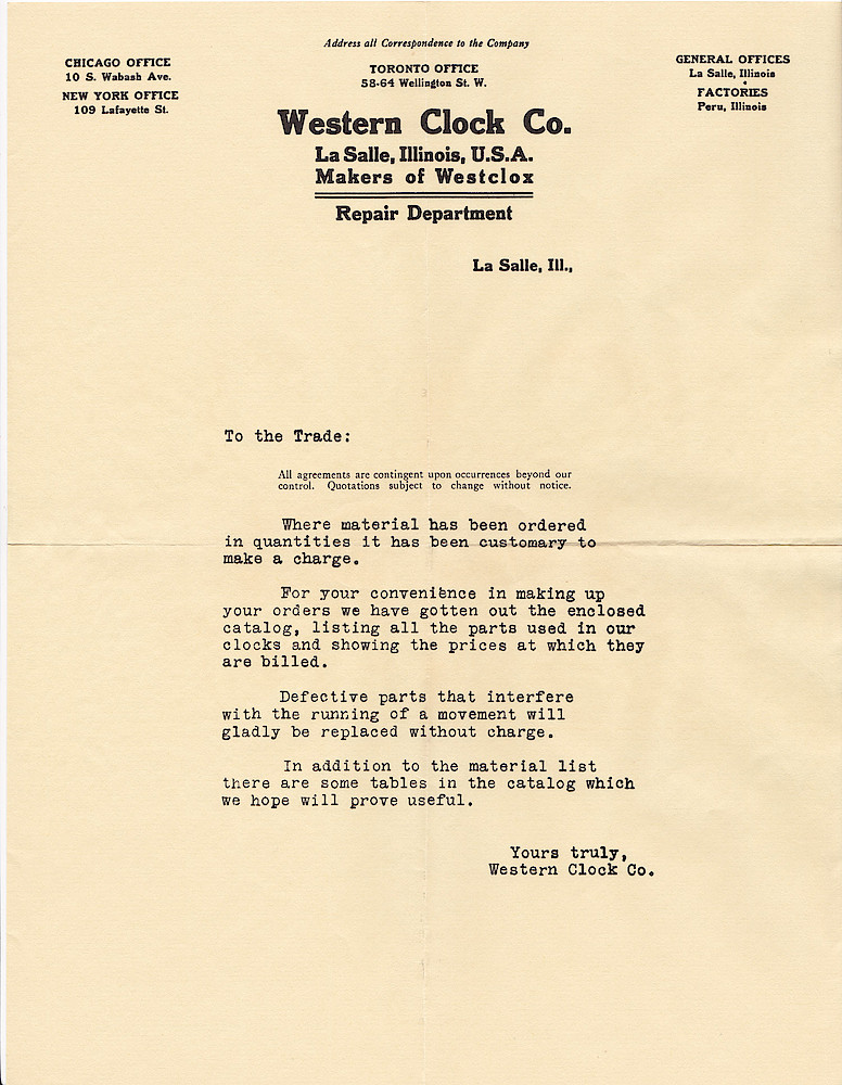 1916 Material Catalog, Western Clock Co., (ca. 1916) > Letter. 1916 Material Catalog, Western Clock Co., (ca. 1916); letter