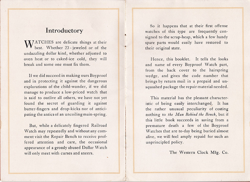 1909, For the Man Behind the Bench - A code of handy material for quick aid to injured Boyproof watches, The Western Clock Mfg. Co. > 2. 1909, For the Man Behind the Bench - A code of handy material for quick aid to injured Boyproof watches, The Western Clock Mfg. Co; page 2