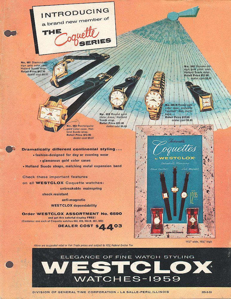 1959 Westclox Introductions; Westclox Division of General Time Corporation; and Columbia Time Products; La Salle - Peru; Illinois; USA. > Ladies wrist watches, 1. 1959 Westclox Introductions; Westclox Division of General Time Corporation; and Columbia Time Products; La Salle - Peru; Illinois; USA.; page Ladies-Wrist-1