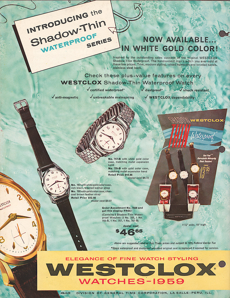 1959 Westclox Introductions; Westclox Division of General Time Corporation; and Columbia Time Products; La Salle - Peru; Illinois; USA. > Mans wrist watches, 2. 1959 Westclox Introductions; Westclox Division of General Time Corporation; and Columbia Time Products; La Salle - Peru; Illinois; USA.; page Mens-Wrist-2