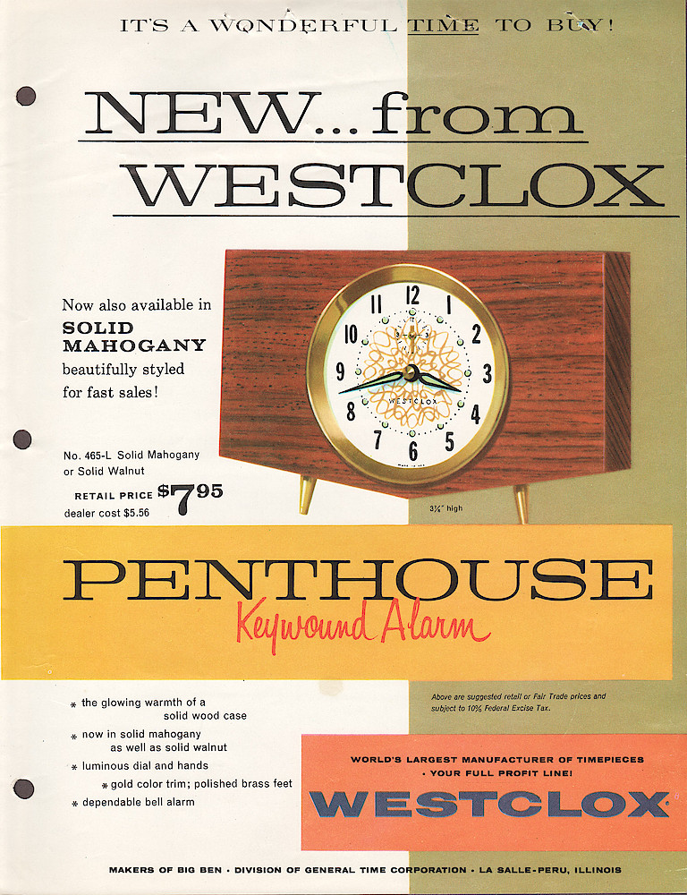 1959 Westclox Introductions; Westclox Division of General Time Corporation; and Columbia Time Products; La Salle - Peru; Illinois; USA. > Penthouse alarm clock. 1959 Westclox Introductions; Westclox Division of General Time Corporation; and Columbia Time Products; La Salle - Peru; Illinois; USA.; Penthouse