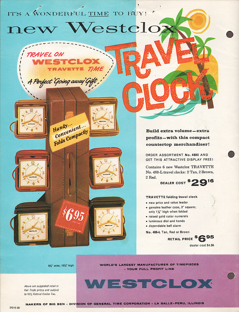 1959 Westclox Introductions; Westclox Division of General Time Corporation; and Columbia Time Products; La Salle - Peru; Illinois; USA. > Travel Clocks. 1959 Westclox Introductions; Westclox Division of General Time Corporation; and Columbia Time Products; La Salle - Peru; Illinois; USA.; Travel Clocks