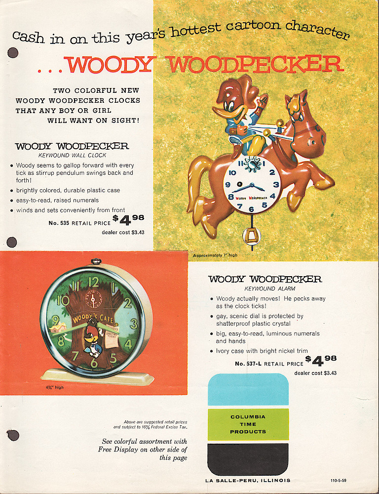 1959 Westclox Introductions; Westclox Division of General Time Corporation; and Columbia Time Products; La Salle - Peru; Illinois; USA. > Woody Woodpecker 1. 1959 Westclox Introductions; Westclox Division of General Time Corporation; and Columbia Time Products; La Salle - Peru; Illinois; USA.; page Woody-Woodpecker-1