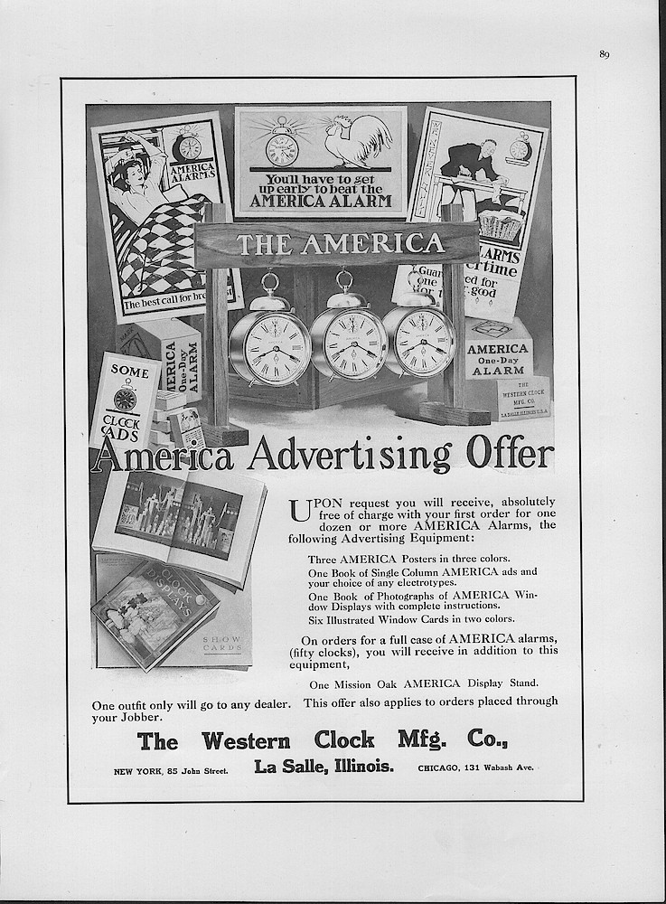 January 1909 Keystone Magazine, p. 89. Advertising Aimed At Dealers, Offers Printed Advertising Material And A Mission Oak Stand For The America Alarm Clock