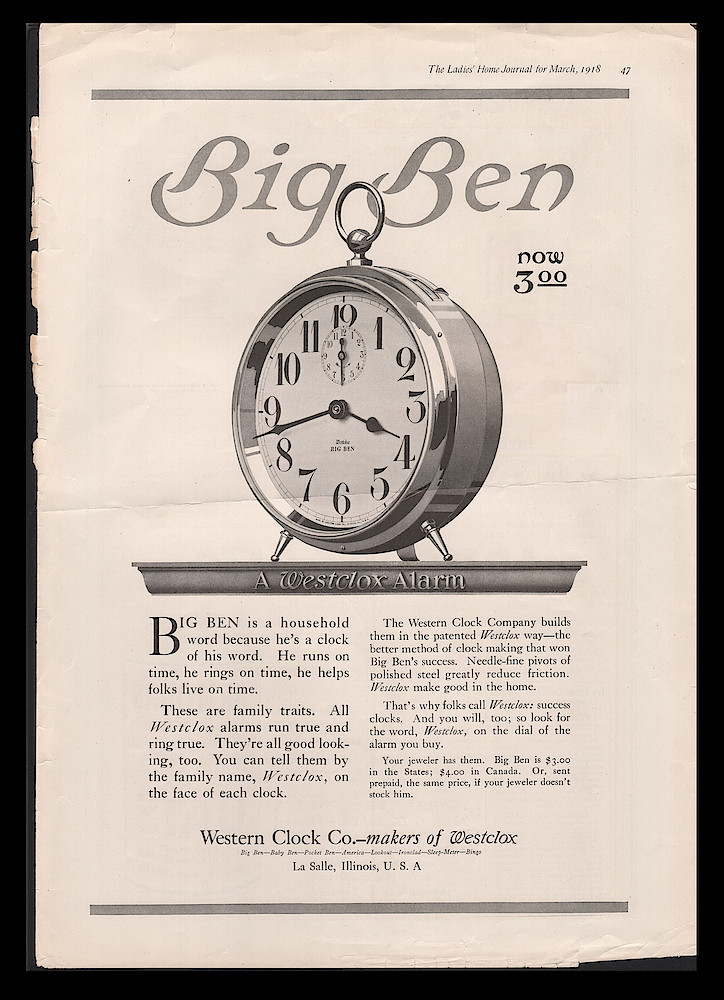 Clock & Watch Advertisement: March 1918 Ladies Home Journal, p. 47