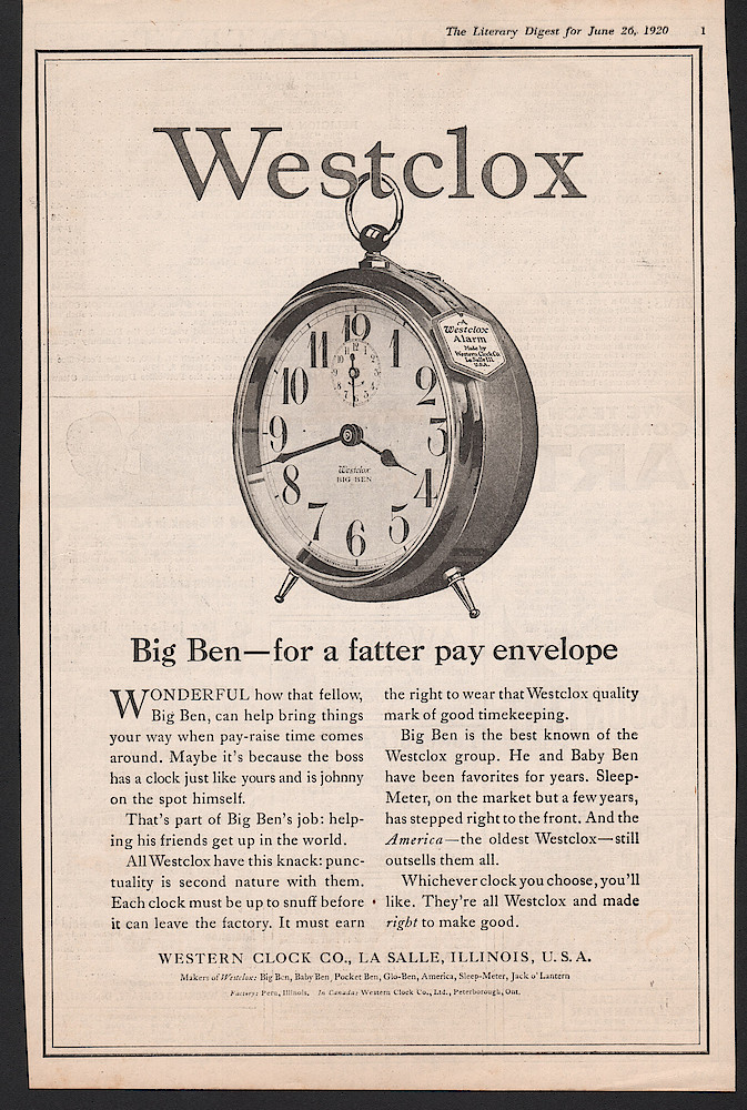 Clock & Watch Advertisement: June 26, 1920 Literary Digest, p. 1