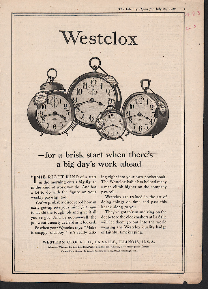 Clock & Watch Advertisement: July 24, 1920 Literary Digest, p. 1