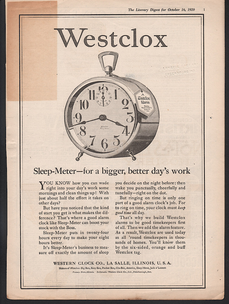 Clock & Watch Advertisement: October 16, 1920 Literary Digest, p. 1