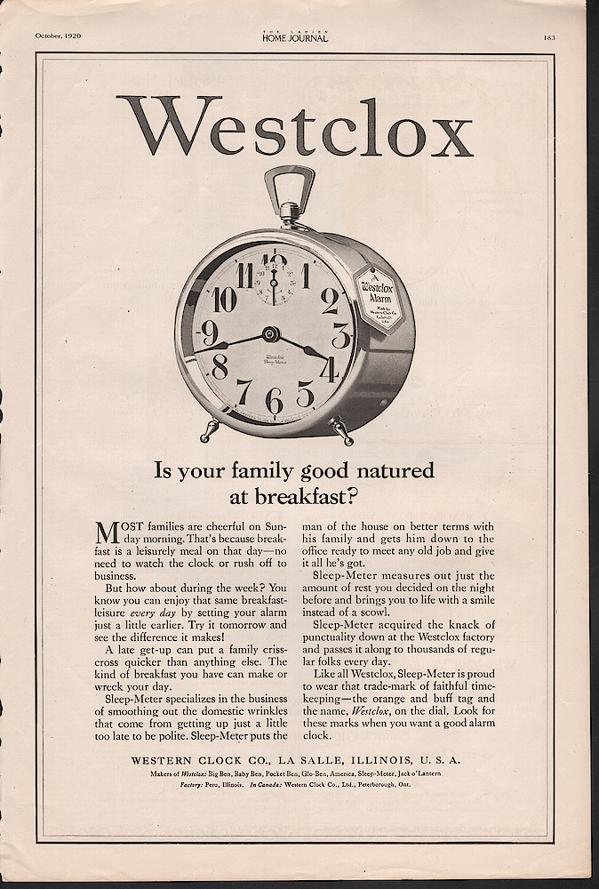 Clock & Watch Advertisement: October 1920 Ladies Home Journal, p. 183