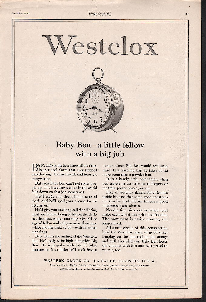 Clock & Watch Advertisement: December 1920 Ladies Home Journal, p. 177