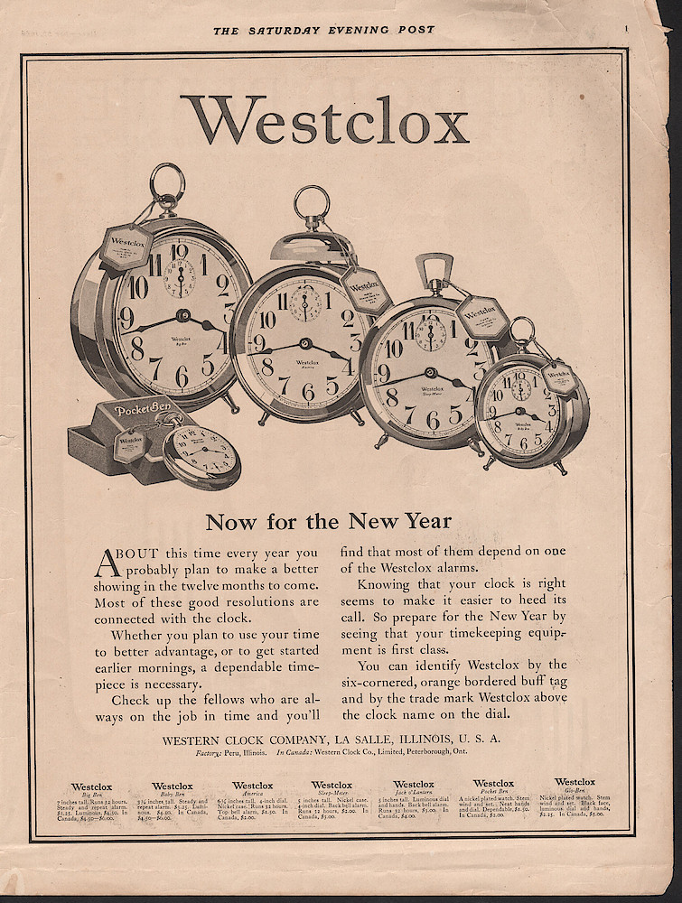 Clock & Watch Advertisement: December 27, 1924 Saturday Evening Post, p. 1