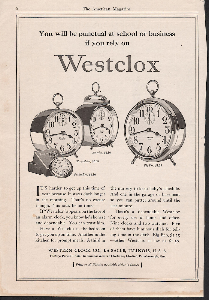 Clock & Watch Advertisement: September 1926 The American Magazine, p. 2