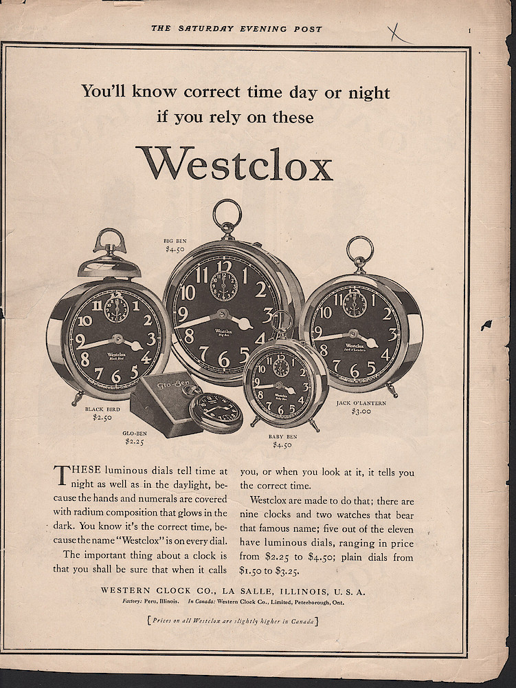Clock & Watch Advertisement: October 2, 1926 Saturday Evening Post, p. 1