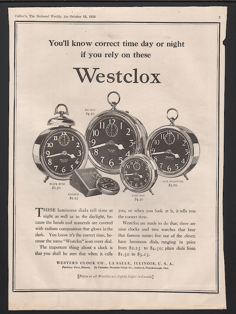 Clock & Watch Advertisement: October 16, 1926 Colliers Magazine, p. 3