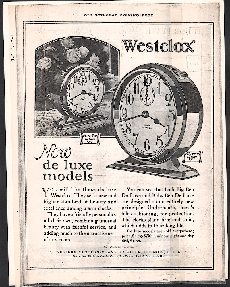 October 1, 1927 Saturday Evening Post, p. 1, photocopy. Introduction Of The Big Ben And Baby Ben Style 2 Alarm Clocks, The First Big And Baby Bens To Have A Base Instead Of Legs.. October 1, 1927 Saturday Evening Post, p. 1, photocopy