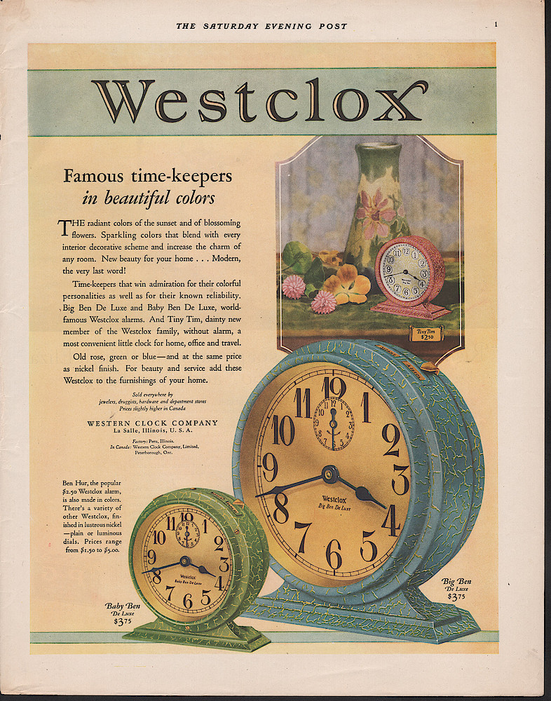 September 29, 1928 Saturday Evening Post, p. 1. This Ad Is One Of The First Showing The Style 2 Big Ben And Baby Ben Alarm Clocks In Crackle Finish Cases. The Crackle Finish Consists Of A Base Coat Of Gold Paint, Topped With Pink, Green Or Blue Finish That Developed Cracks As It Dried, Exposing The Gold. The Little Clock On The Right Is Tiny Tim, A Time Only ... . September 29, 1928 Saturday Evening Post, p. 1