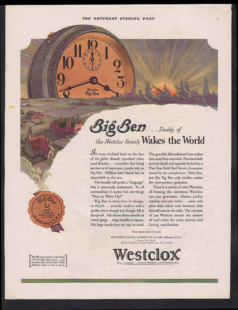 April 5, 1930 Saturday Evening Post, p. 1. "Big Ben, Daddy Of The Westclox Family, Wakes The World" Big Ben Rising With The Sun.. April 5, 1930 Saturday Evening Post, p. 1