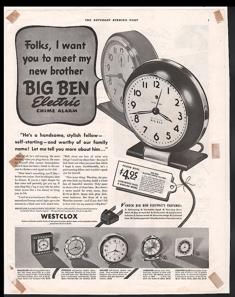 September 9, 1939 Saturday Evening Post, p. 1. In This Sept. 9, 1939 Saturday Evening Post Ad, Big Ben Style 4 Introduces Big Ben Electric Chime Alarm, The First Ben In The Style 5 Case. Henry Dreyfuss Designed This Case.. September 9, 1939 Saturday Evening Post, p. 1