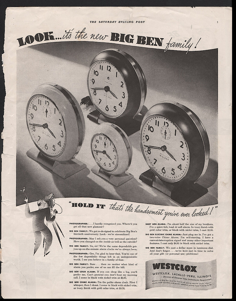 November 4, 1939 Saturday Evening Post, p. 1. This Saturday Evening Post Ad From November 4, 1939 Announces The Style 5 Bens: Baby Ben, Big Ben Chime Alarm, Big Ben Loud Alarm, And Big Ben Electric Chime Alarm (which Was Also Announced In A September Ad). Note How Similar This Case Design Is To The Honeywell "round" Thermostat, Also Designed By Henry ... . November 4, 1939 Saturday Evening Post, p. 1