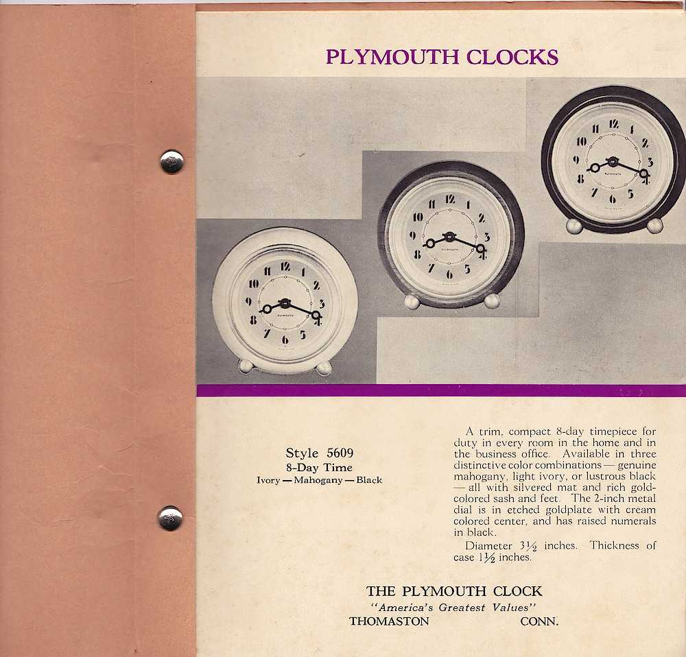 Plymouth Clocks, Electric and Key-Wound, Americas Greatest Values; The Plymouth Clock; Thomaston; Conn. > Page 1 and part of cover. 1940, Plymouth Clocks, Electric and Key-Wound, "America's Greatest Values"; The Plymouth Clock; Thomaston; Conn., (ca. 1940); page 1-color