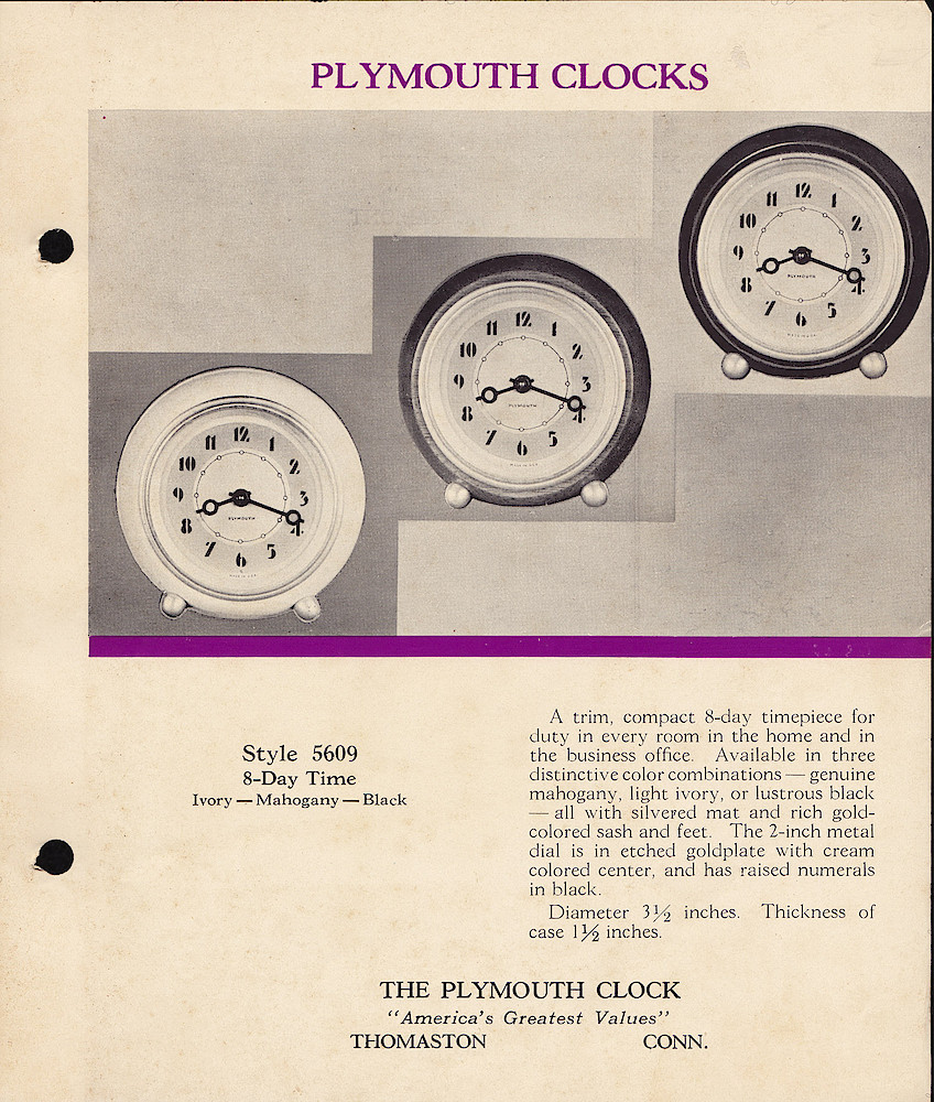 Plymouth Clocks, Electric and Key-Wound, Americas Greatest Values; The Plymouth Clock; Thomaston; Conn. > 1. 1940, Plymouth Clocks, Electric and Key-Wound, "America's Greatest Values"; The Plymouth Clock; Thomaston; Conn., (ca. 1940); page 1