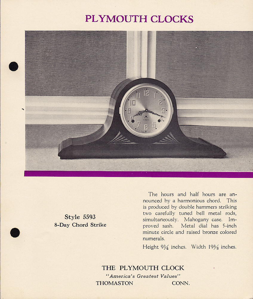 Plymouth Clocks, Electric and Key-Wound, Americas Greatest Values; The Plymouth Clock; Thomaston; Conn. > 7. 1940, Plymouth Clocks, Electric and Key-Wound, "America's Greatest Values"; The Plymouth Clock; Thomaston; Conn., (ca. 1940); page 7