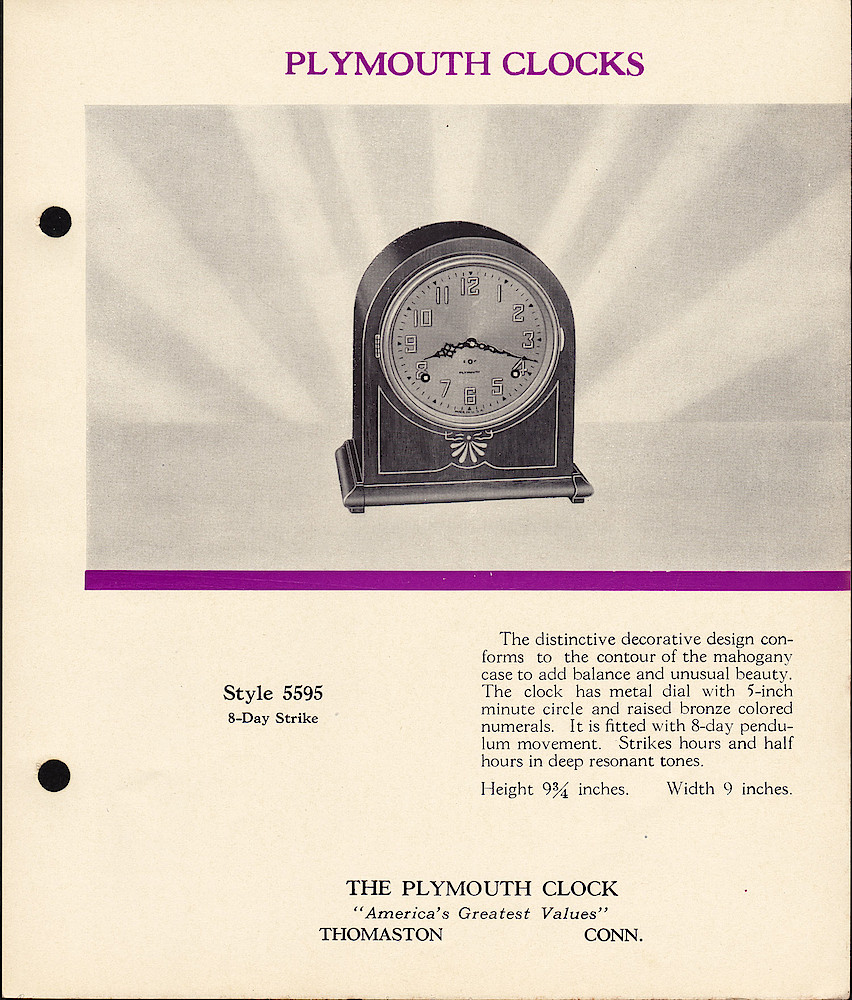 Plymouth Clocks, Electric and Key-Wound, Americas Greatest Values; The Plymouth Clock; Thomaston; Conn. > 8. 1940, Plymouth Clocks, Electric and Key-Wound, "America's Greatest Values"; The Plymouth Clock; Thomaston; Conn., (ca. 1940); page 8